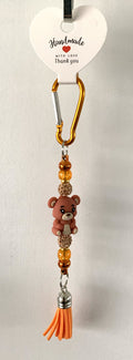 Brown Teddy Bear Amber Rhinestone Carabiner Tassel Keychain