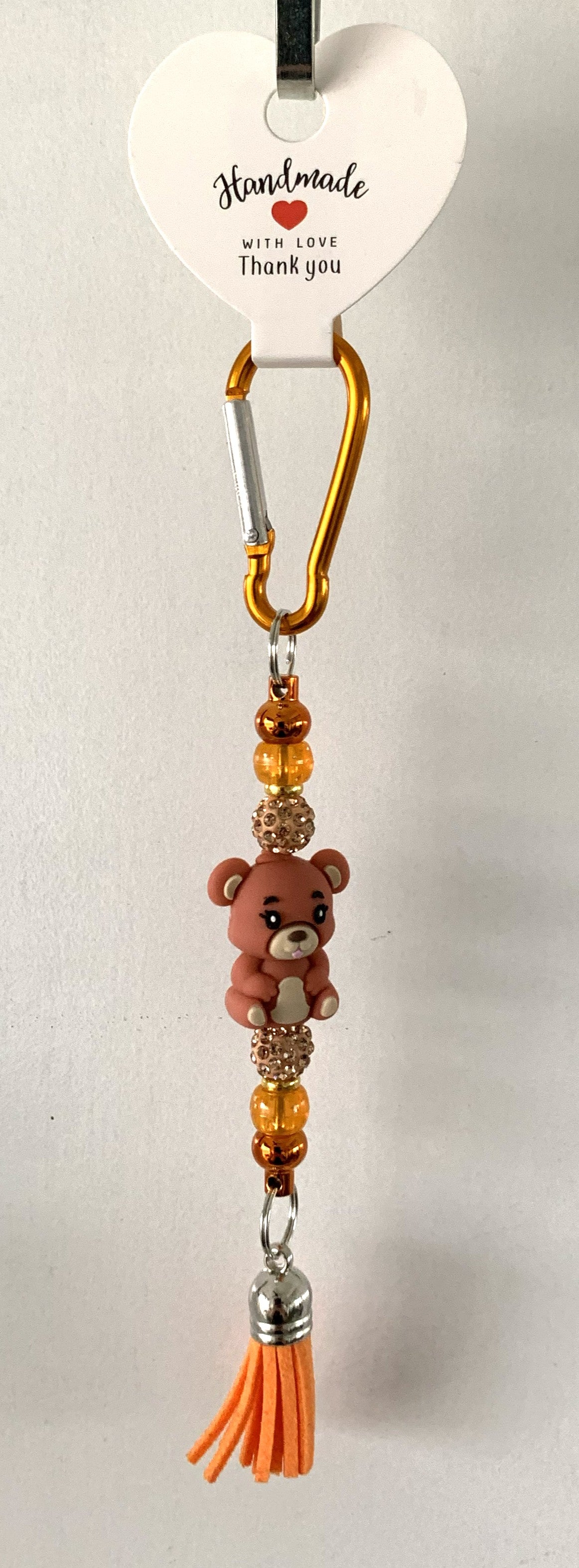 Brown Teddy Bear Amber Rhinestone Carabiner Tassel Keychain