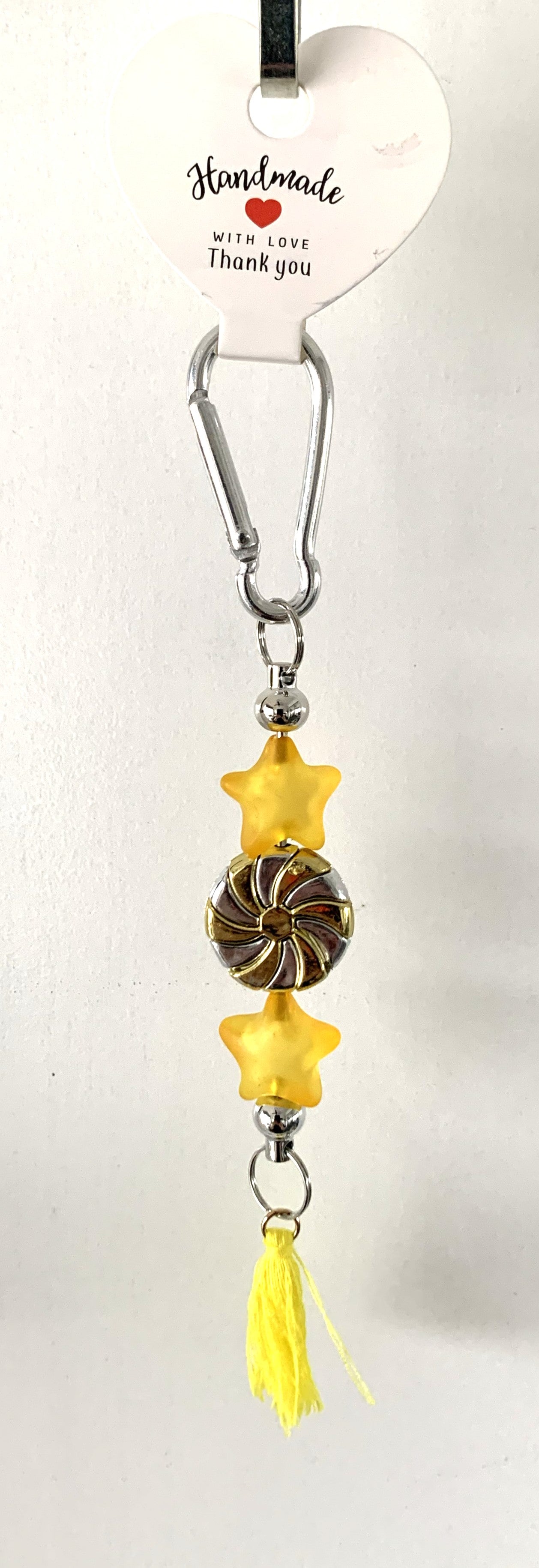 Yellow Frosted Star Bronze Swirl Carabiner Tassel Keychain