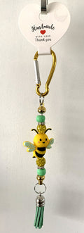 Kawaii Bumble Bee Mint Rhinestone Gold Carabiner Tassel Keychain