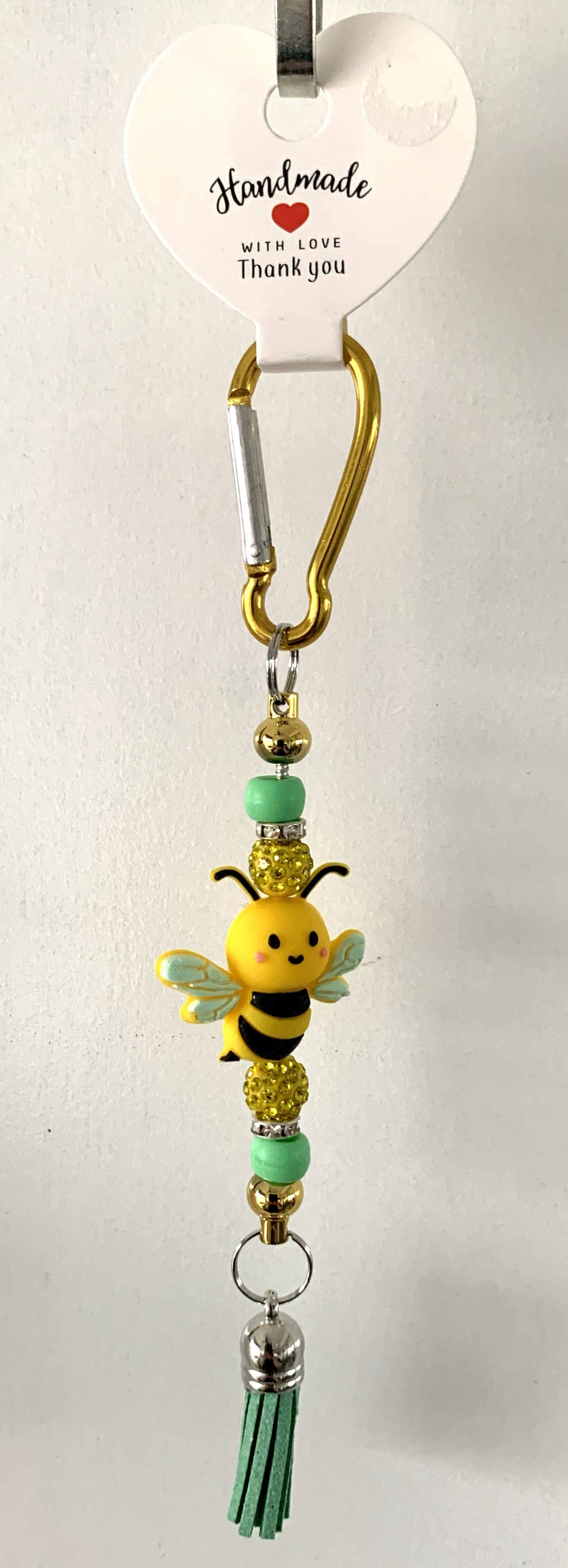 Kawaii Bumble Bee Mint Rhinestone Gold Carabiner Tassel Keychain