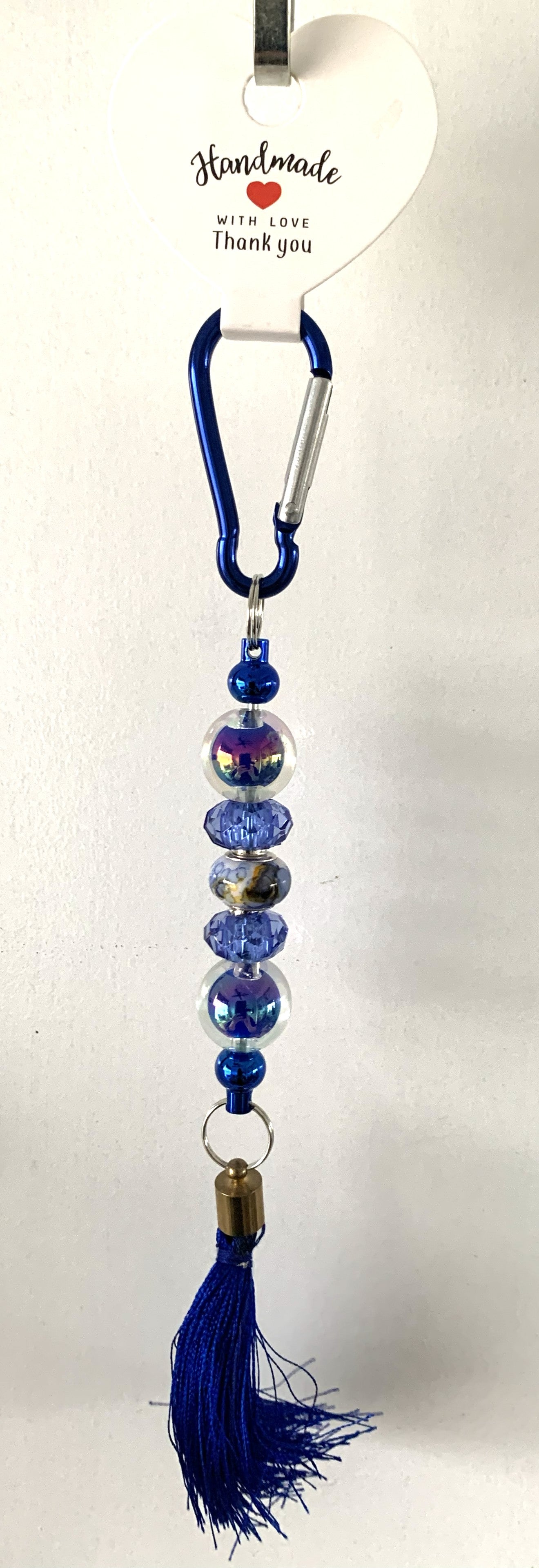 Royal Blue Iridescent Crystal Rondelle Carabiner Tassel Keychain