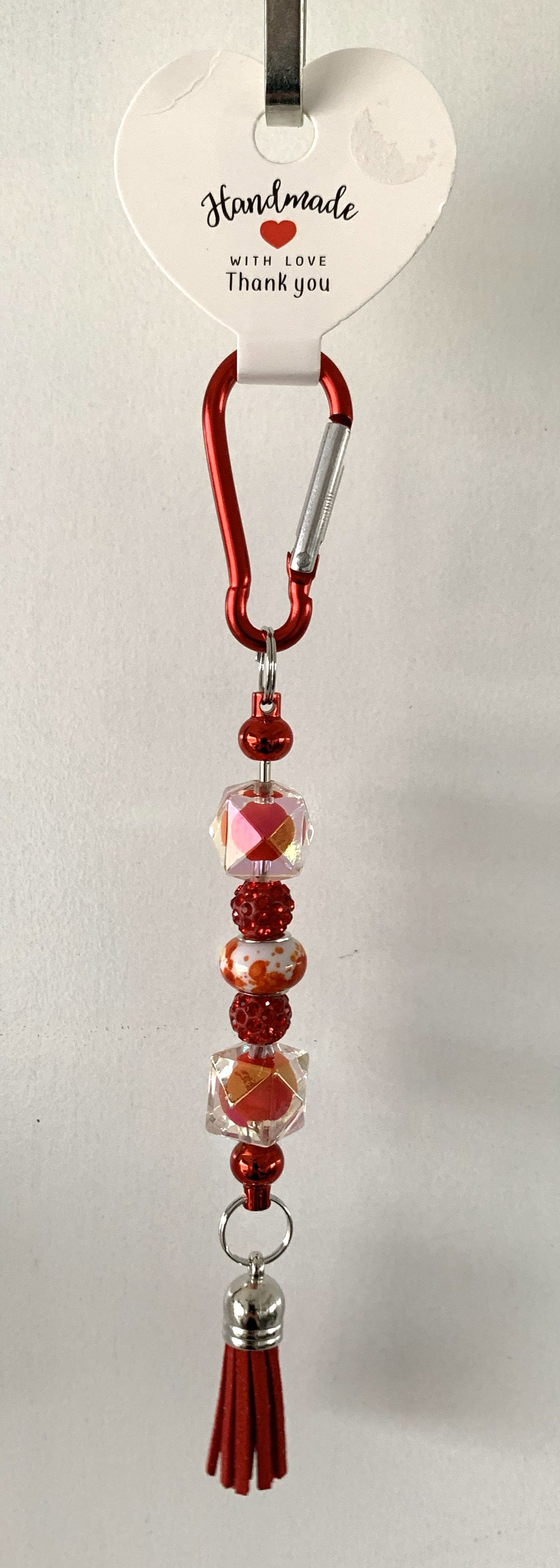 Red Crystal Cube Floral Rhinestone Carabiner Tassel Keychain