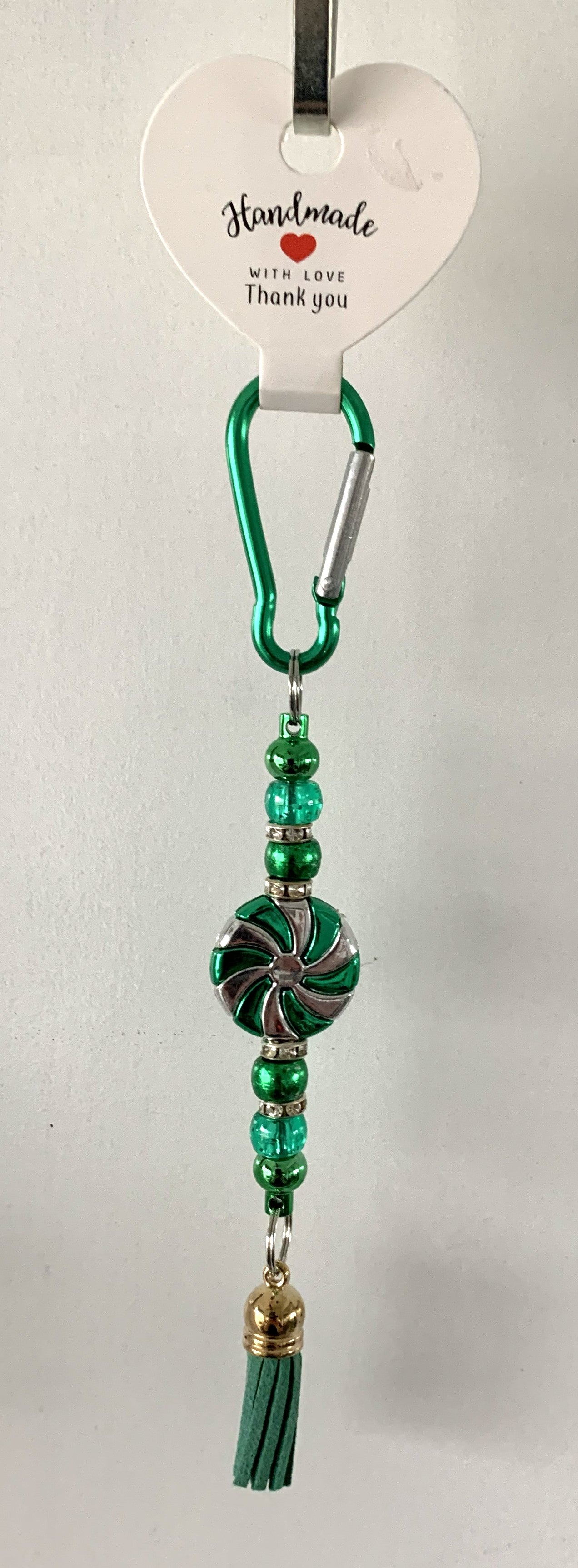 Emerald Green Swirl Disc Rhinestone Carabiner Tassel Keychain