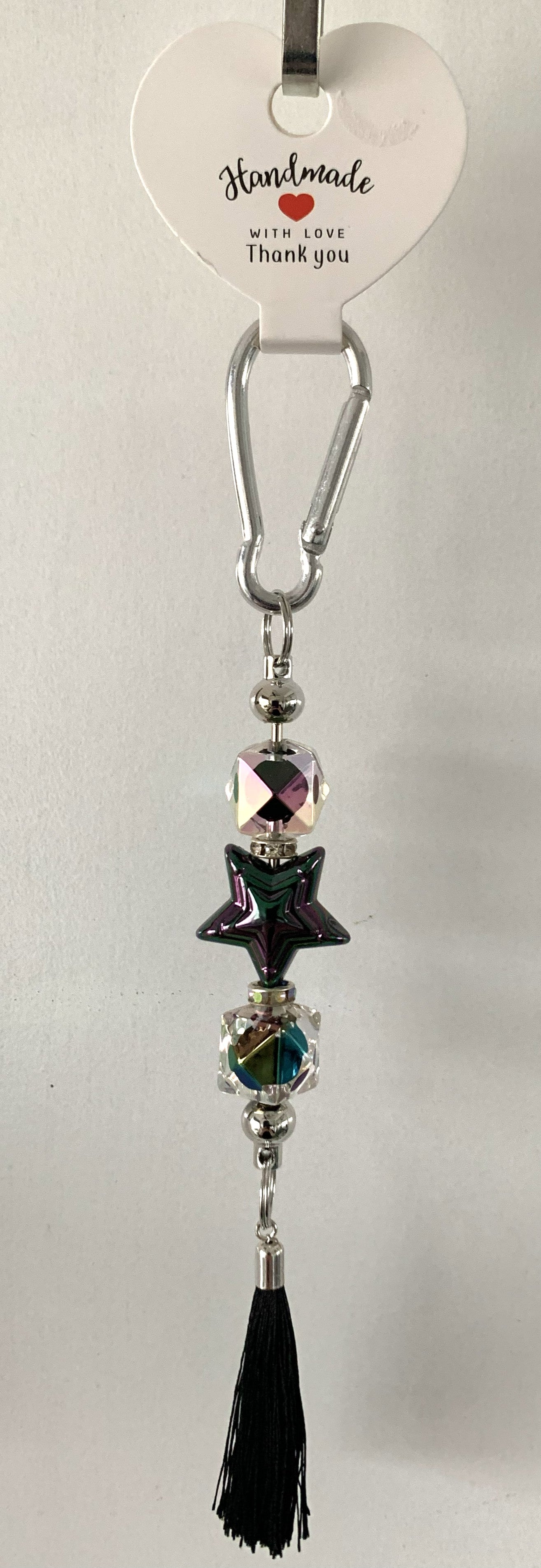 Black Star Iridescent Crystal Silver Carabiner Tassel Keychain