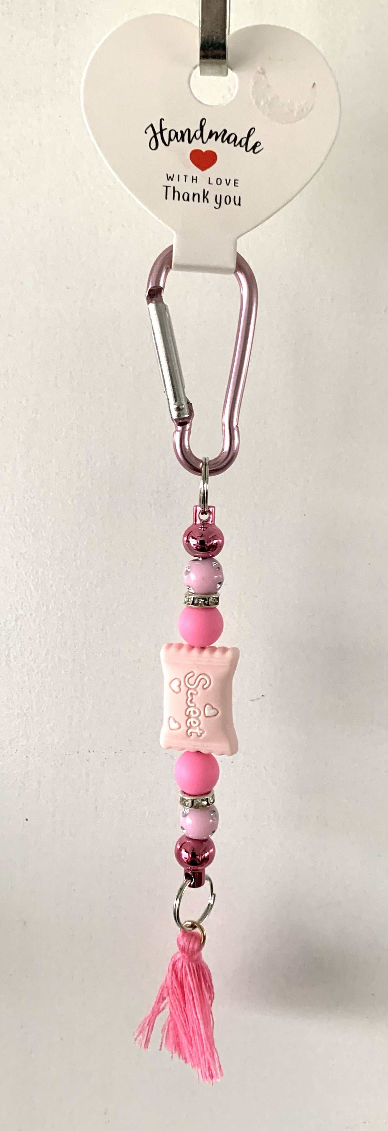 Sweet Candy Pillow Charm Pink Rhinestone Carabiner Tassel Keychain