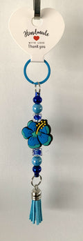 Blue Hibiscus Flower Crystal Bead Split Ring Tassel Keychain