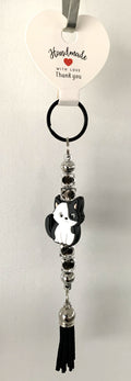 Black & White Cat Silver Beaded Tassel Keychain