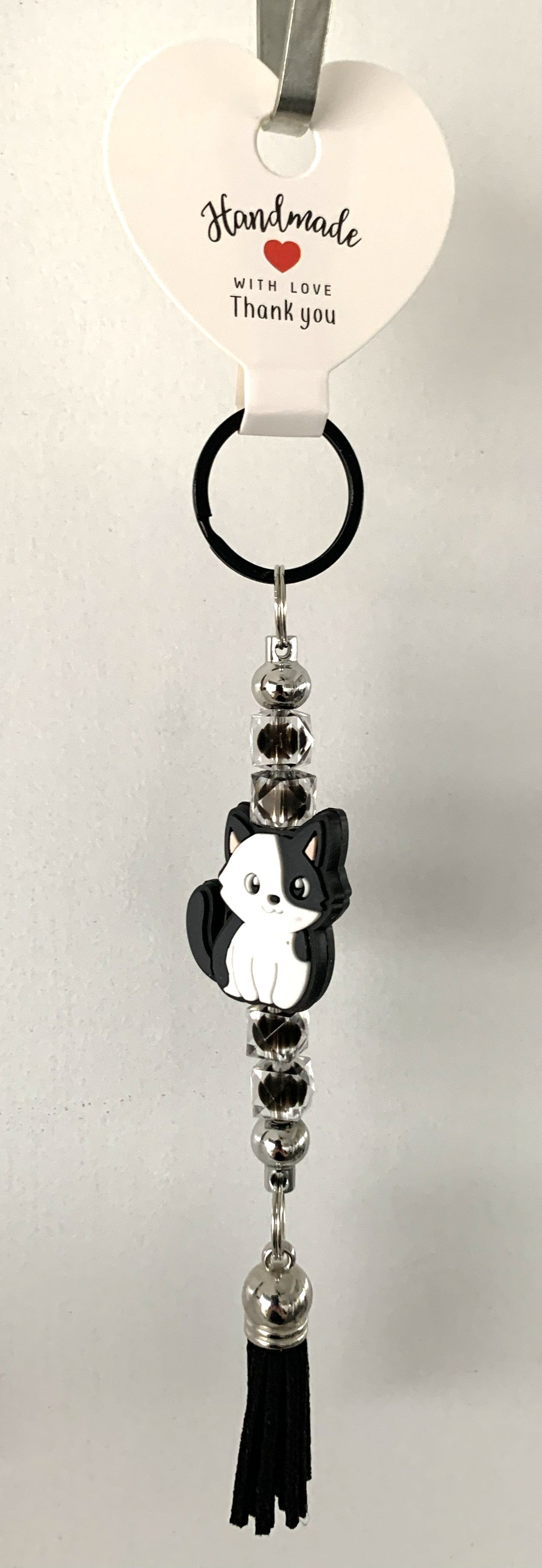 Black & White Cat Silver Beaded Tassel Keychain