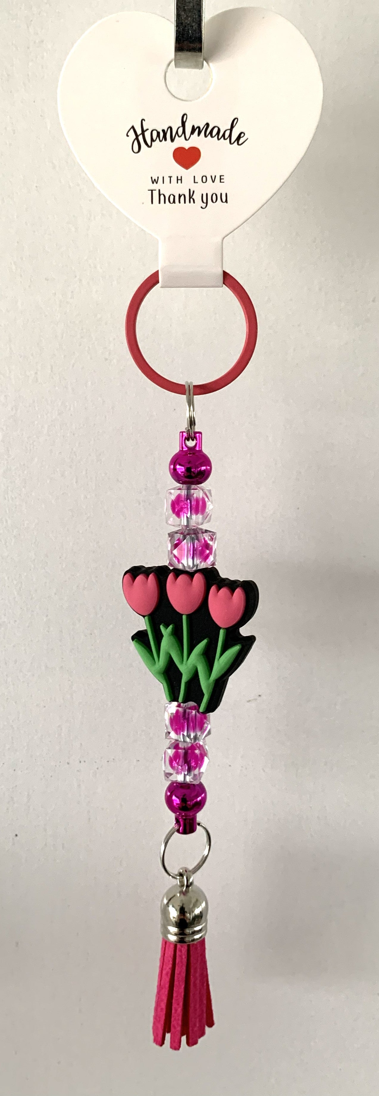 Pink Tulip Bouquet Beaded Tassel Keychain