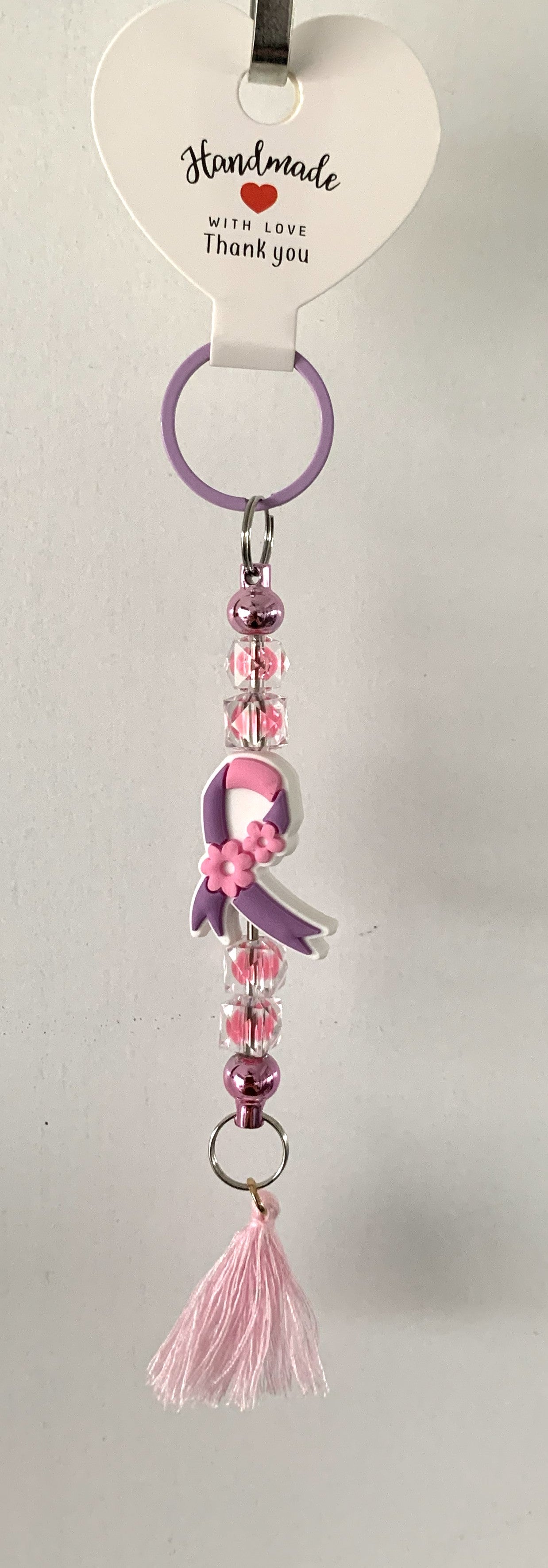 Purple Awareness Ribbon Flower Beaded Tassel Keychain