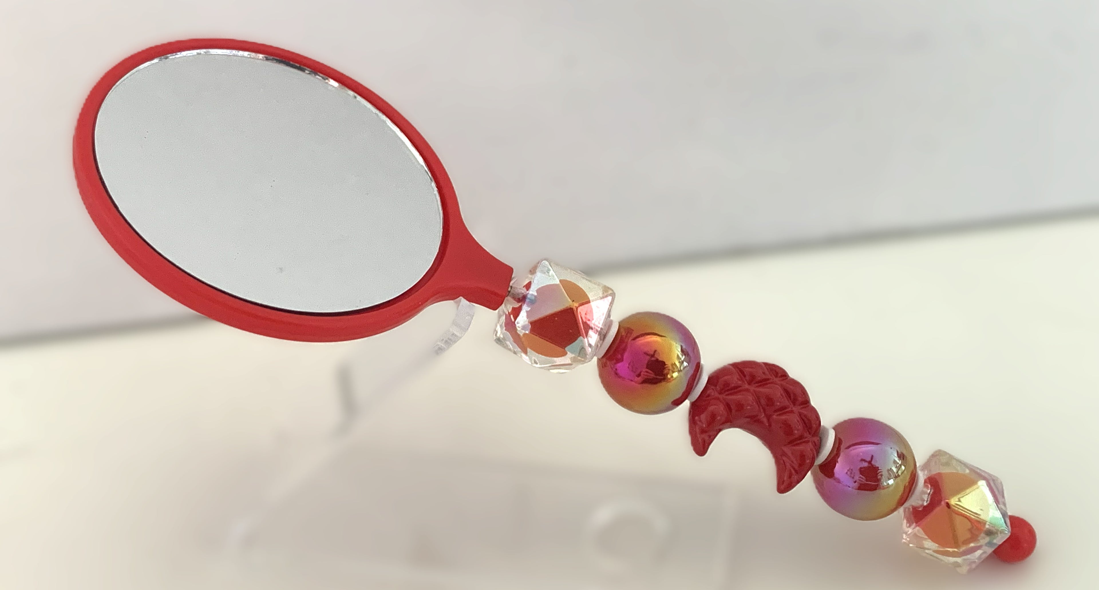 Beaded Hand Mirror – Red Crescent Moon