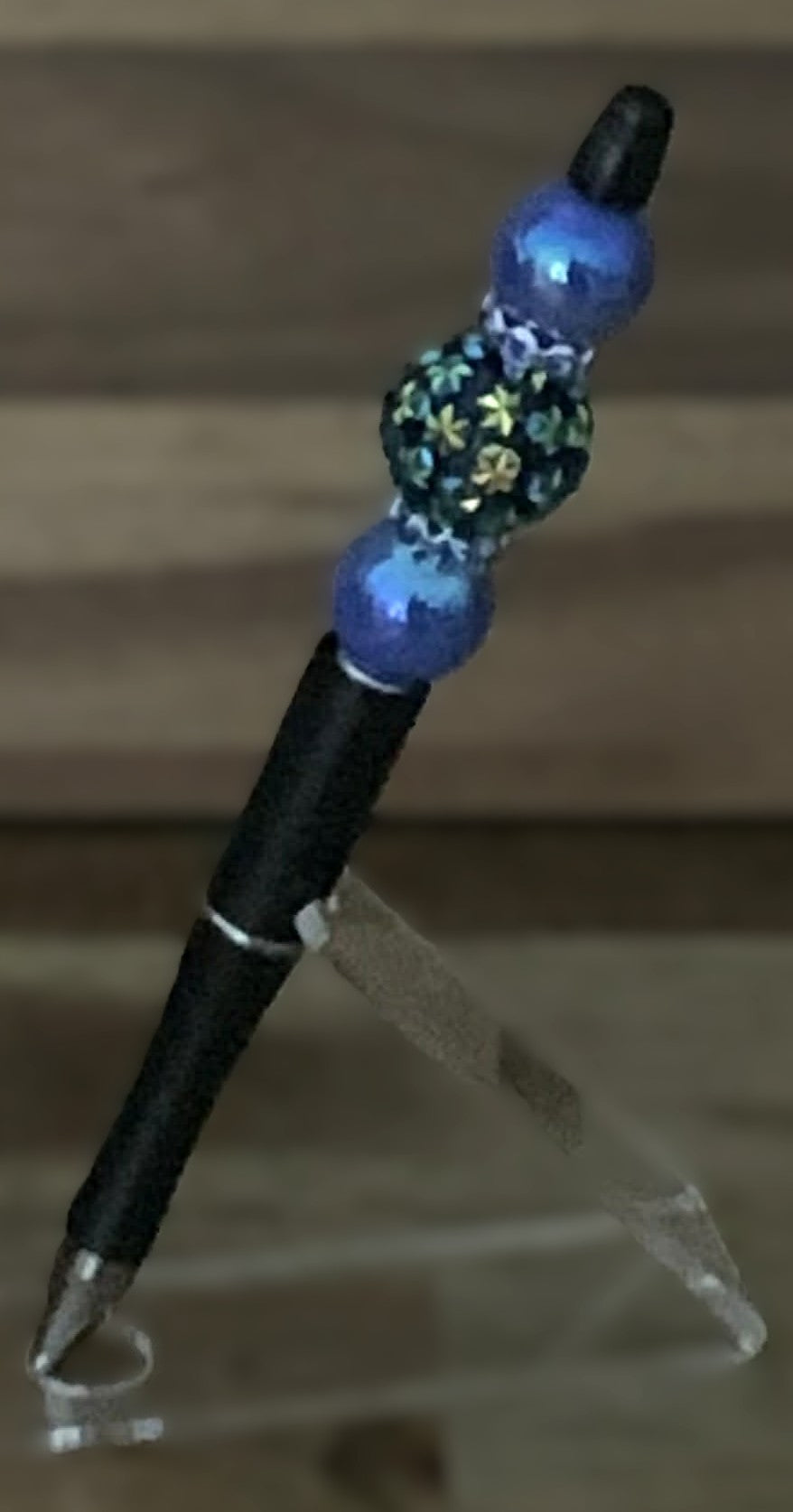 Handmade Cloisonne Floral Beaded Pen - Matte Black & Cobalt Blue