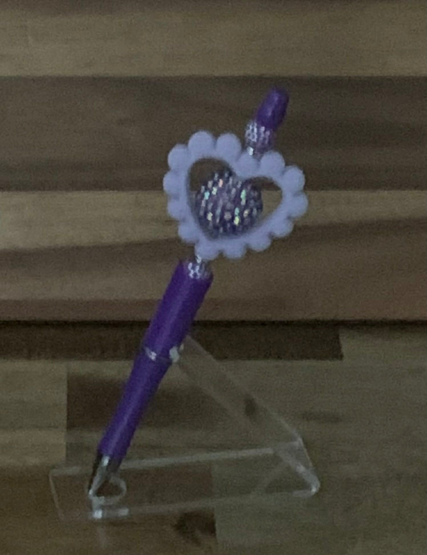 Handmade Open Heart Rhinestone Beaded Pen - Deep Purple & White