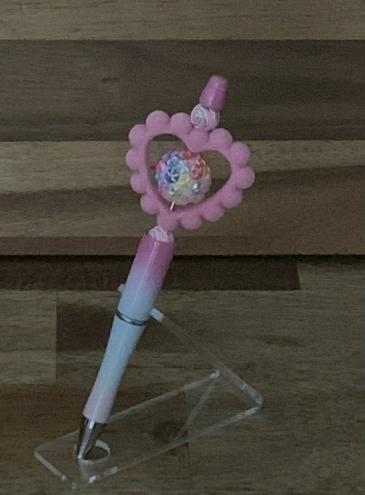 Handmade Open Heart Galaxy Rhinestone Beaded Pen - Pink Ombre