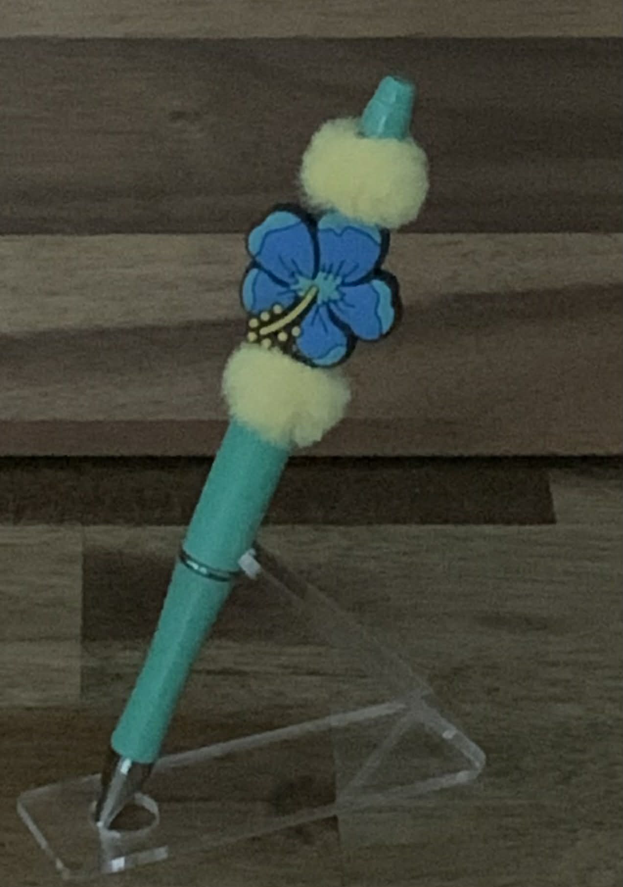 Handmade Hibiscus & Fluffy Pom Pom Beaded Pen - Teal & Blue