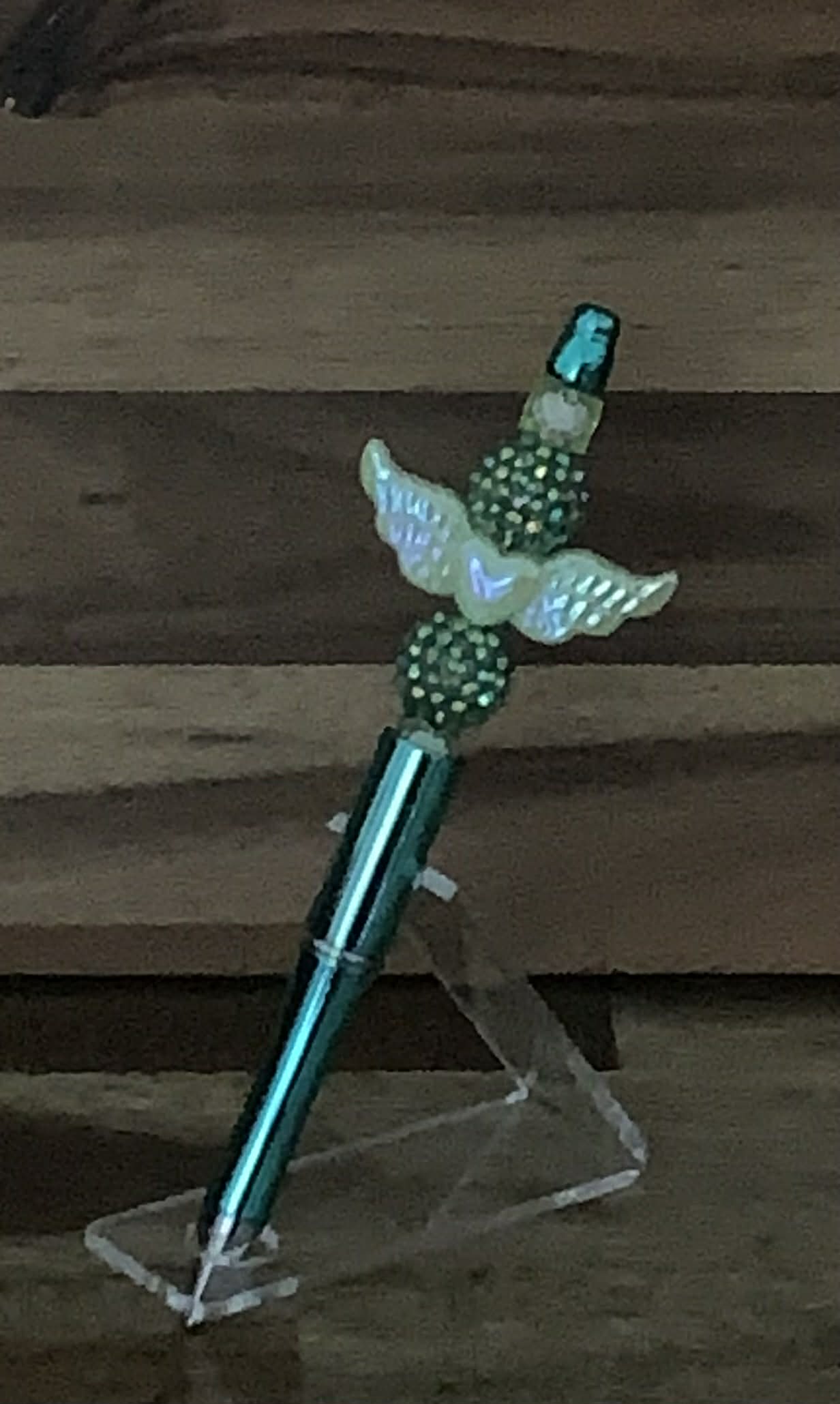 Handmade Angel Wings & Rhinestone Beaded Pen - Teal & Emerald