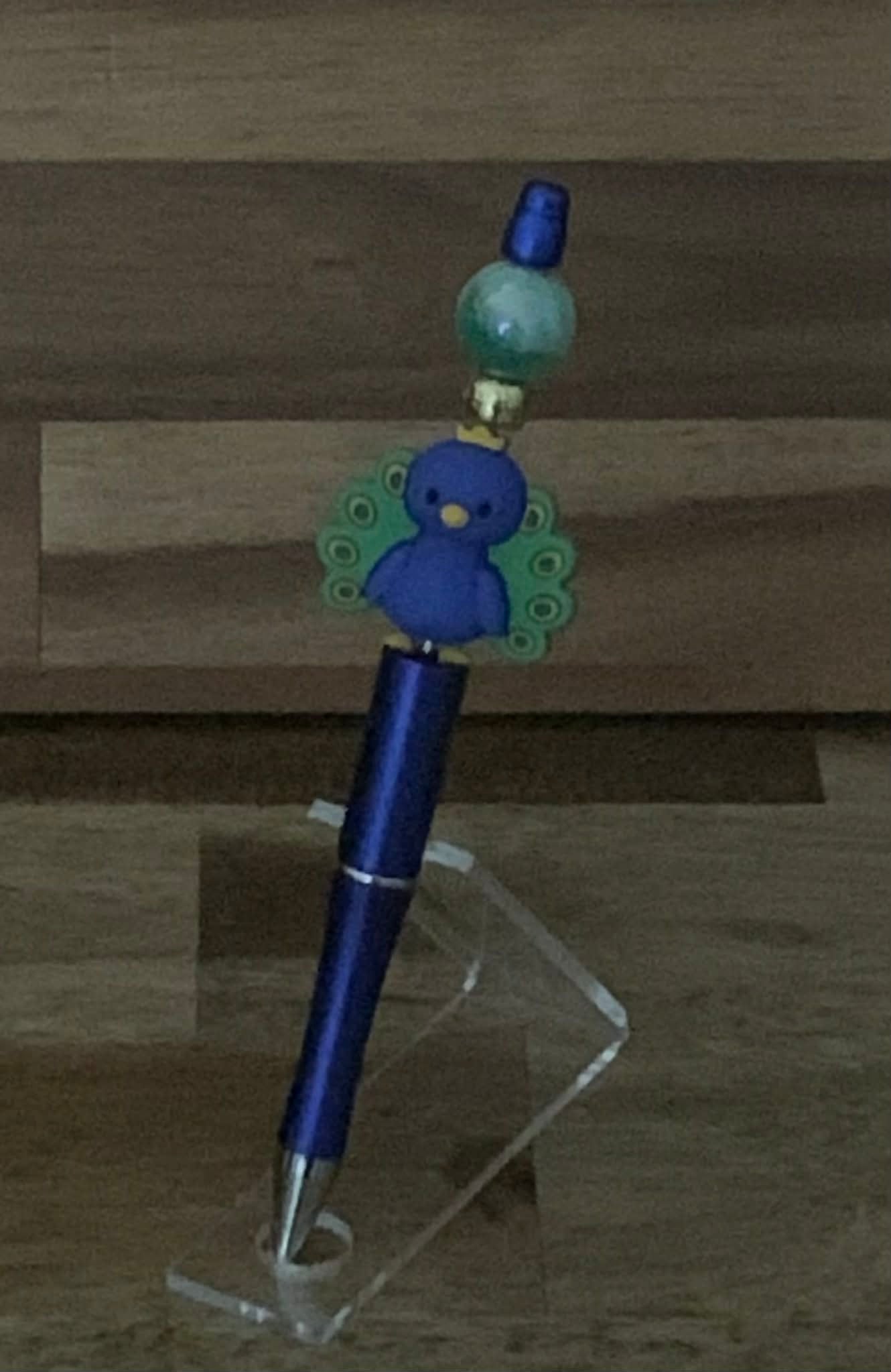 Handmade Kawaii Peacock Charm Beaded Pen - Cobalt Blue & Teal