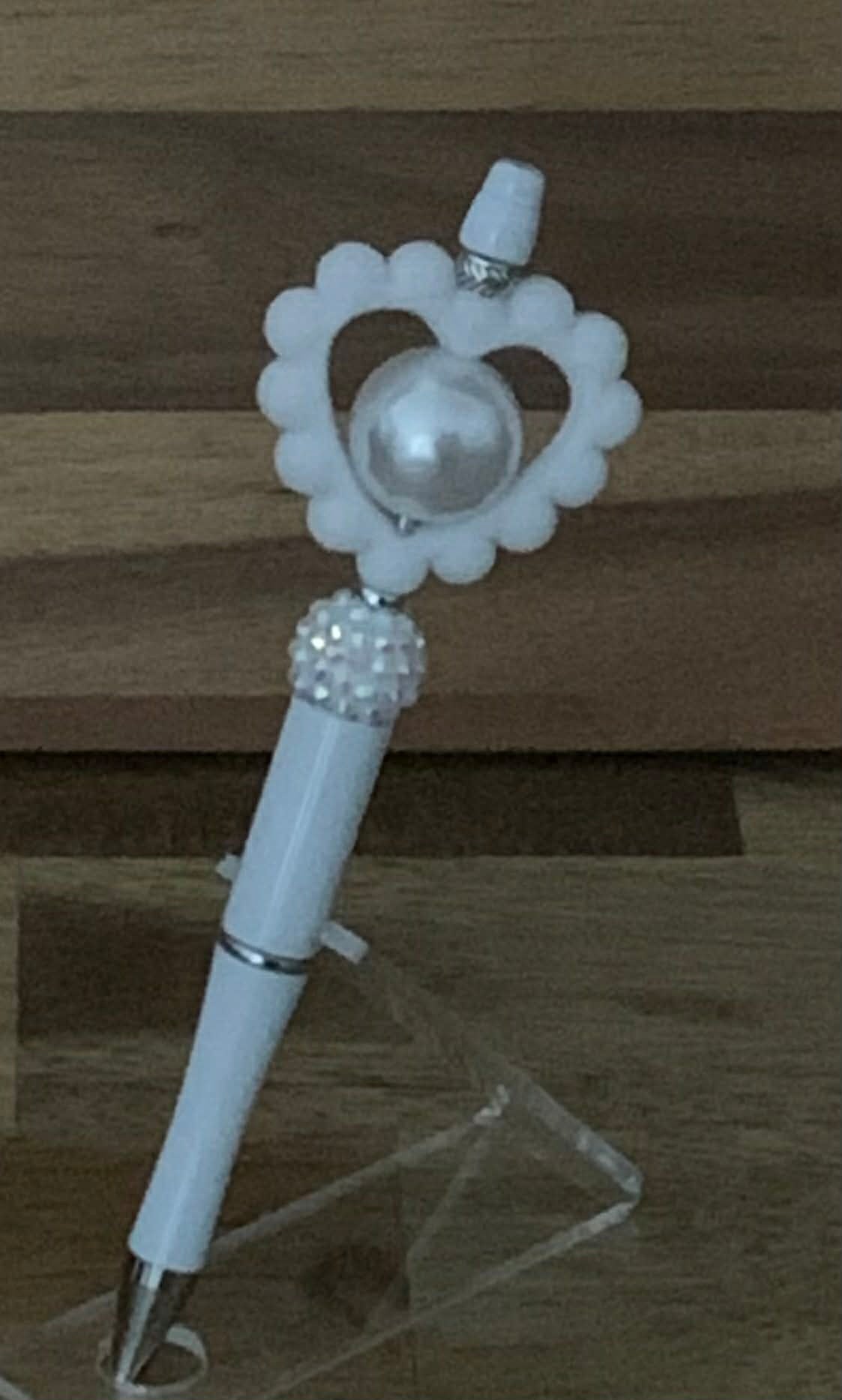 Handmade Open Heart Pearl Beaded Pen - Pure White