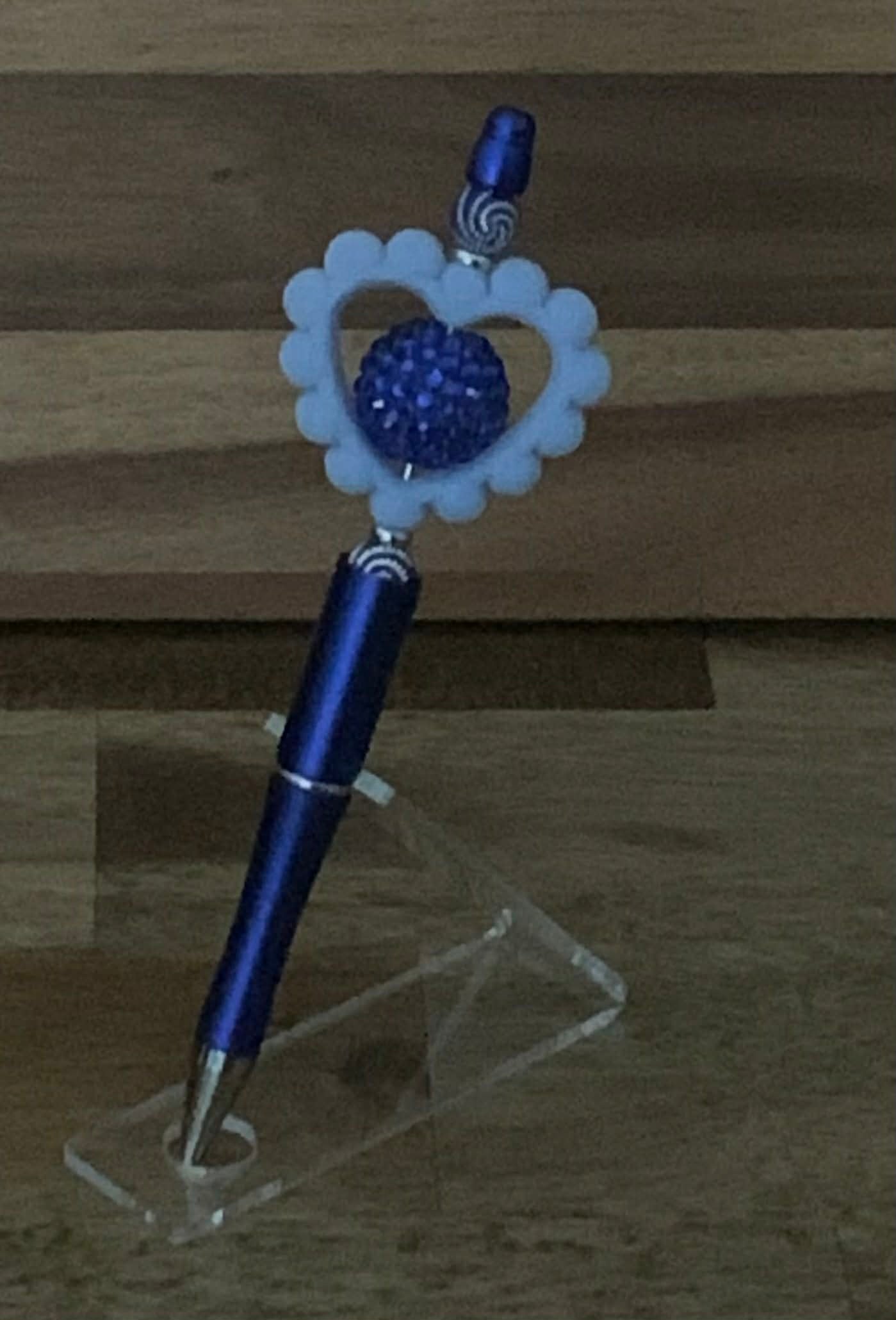 Handmade Open Heart Rhinestone Beaded Pen - Royal Blue & White