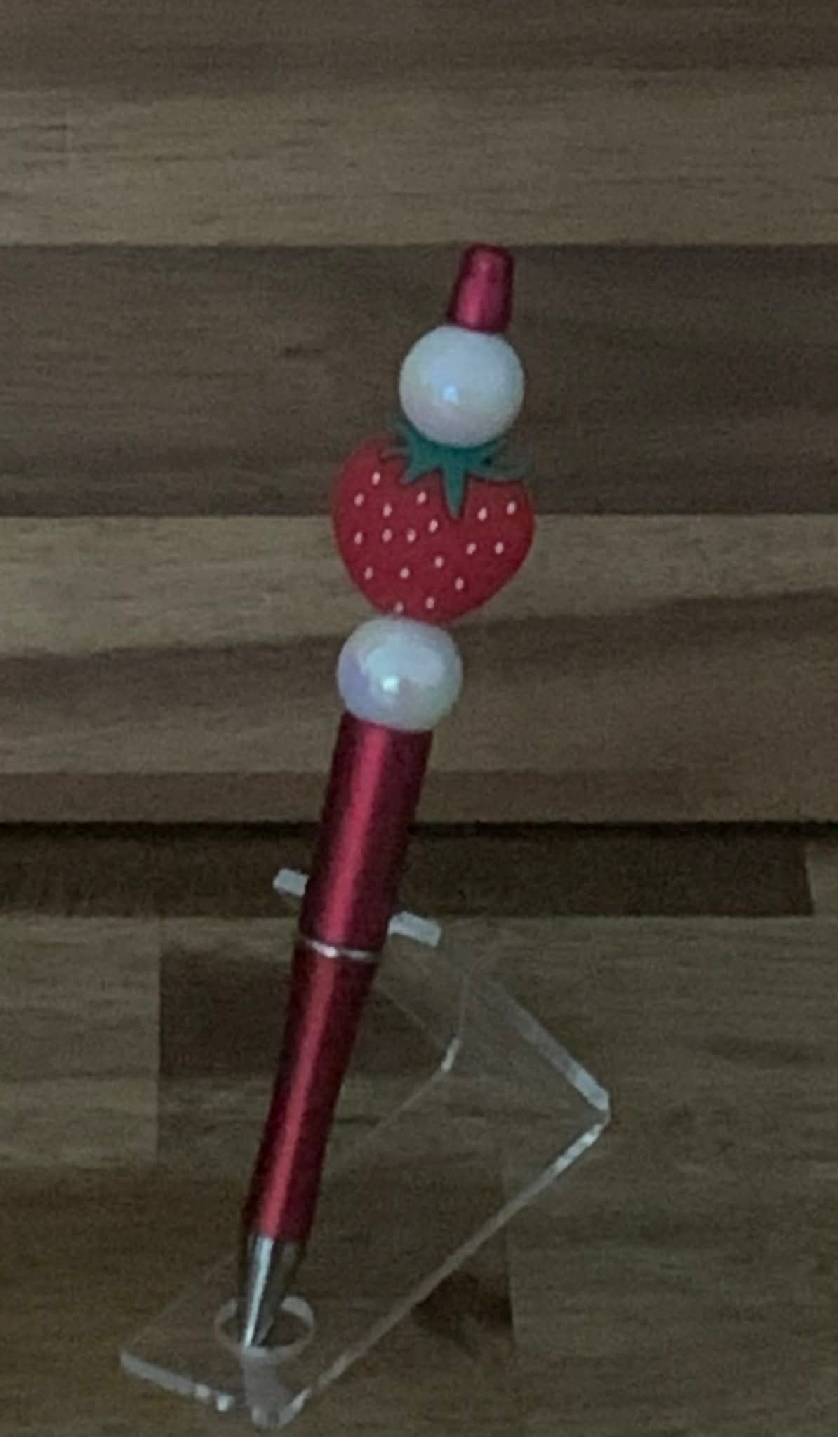 Handmade Strawberry Charm Beaded Pen - Red & White Pearl