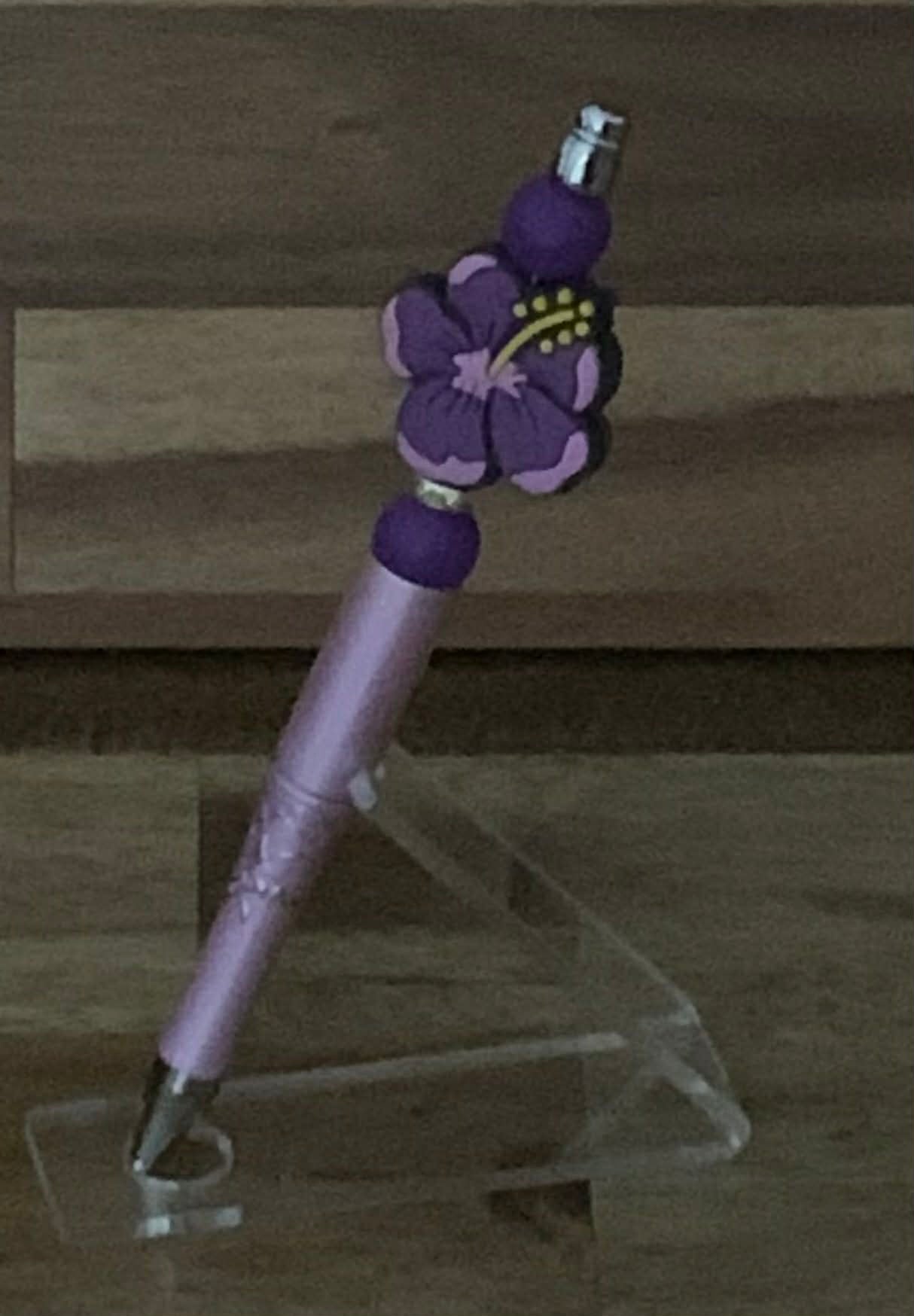 Handmade Hibiscus Flower Beaded Pen - Lavender & Deep Purple