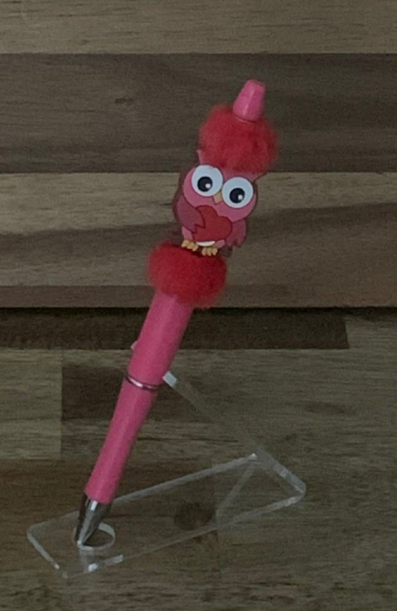 Handmade Kawaii Owl & Pom Pom Beaded Pen - Hot Pink & Red