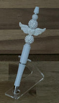Handmade Angel Wings & White Rhinestone Beaded Pen - Pure White