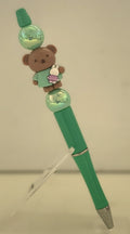 Beaded Pen - Teal Teddy Bear Charm Holding Bunny Shiny Teal Ball Beads