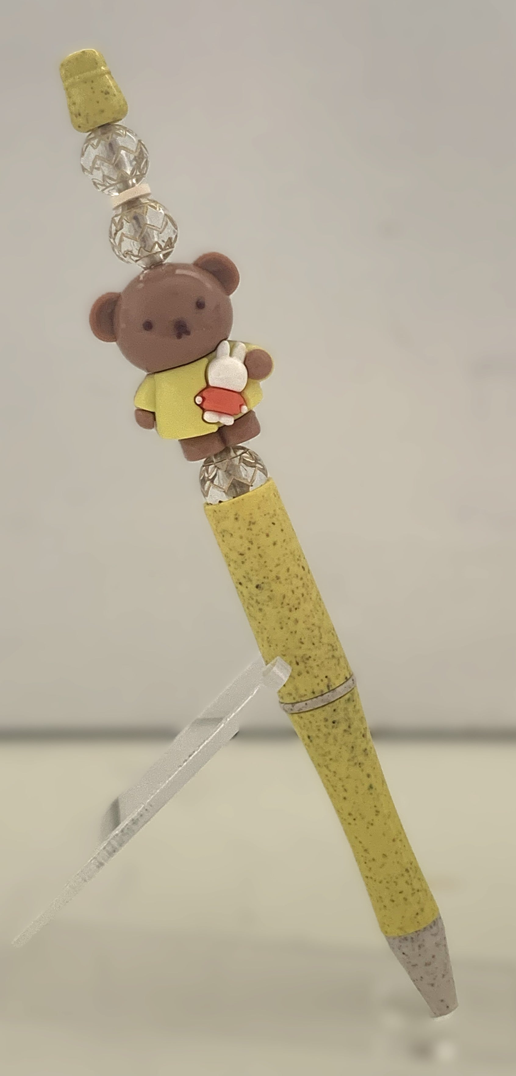 Beaded Pen - Yellow Speckled Teddy Bear Charm Holding Bunny Clear Faceted Beads