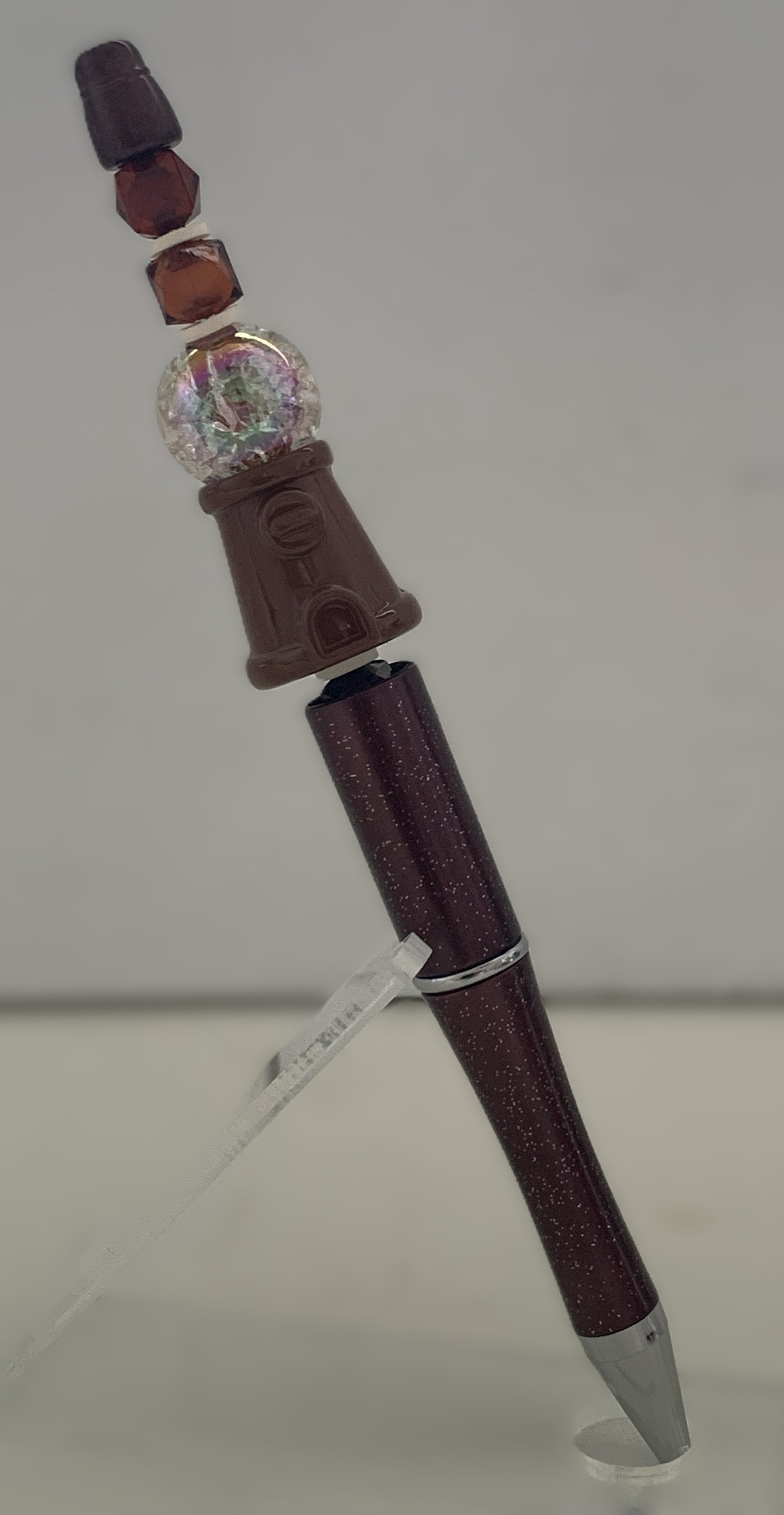 Beaded Pen - Brown Glitter Gumball Machine Charm Iridescent Crystal Ball Amber Beads