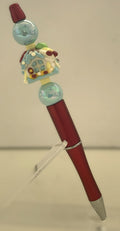 Beaded Pen - Red Cottage House Charm Blue White Light Blue Ball Beads