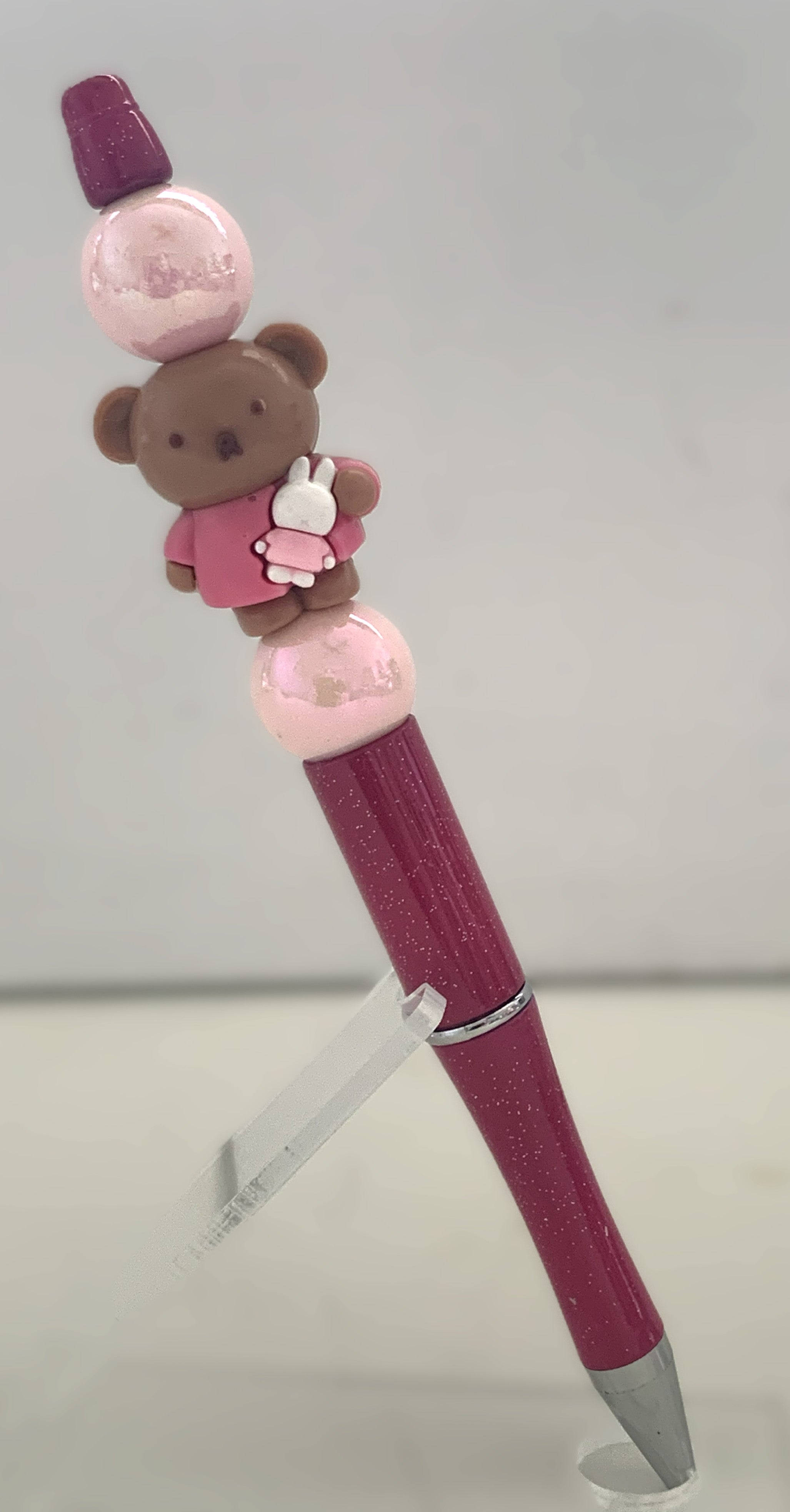 Beaded Pen - Berry Glitter Teddy Bear Charm Holding Bunny Soft Pink Ball Beads