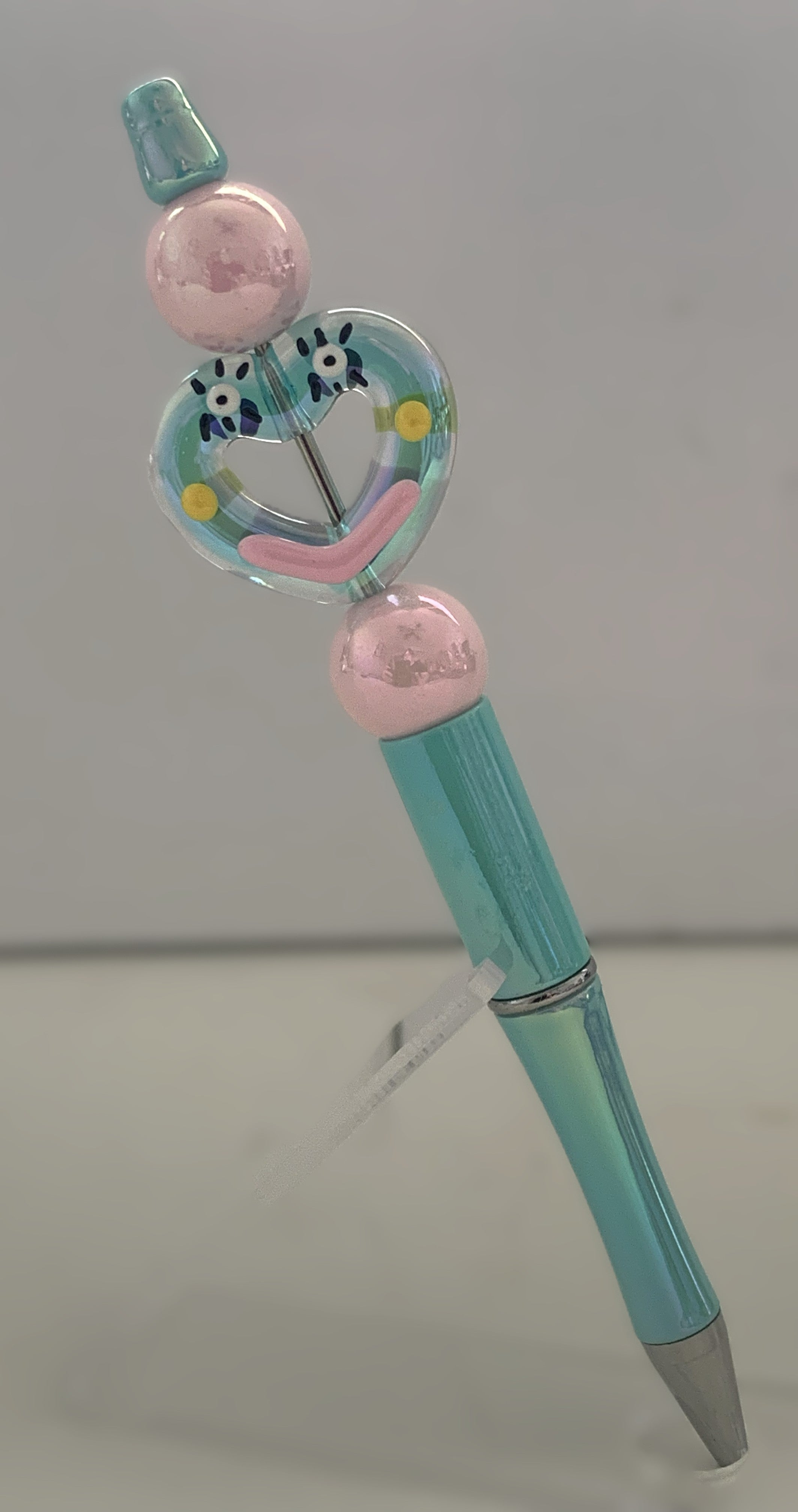 Beaded Pen - Teal Clear Heart Panda Daisy Bead Soft Pink Ball Beads