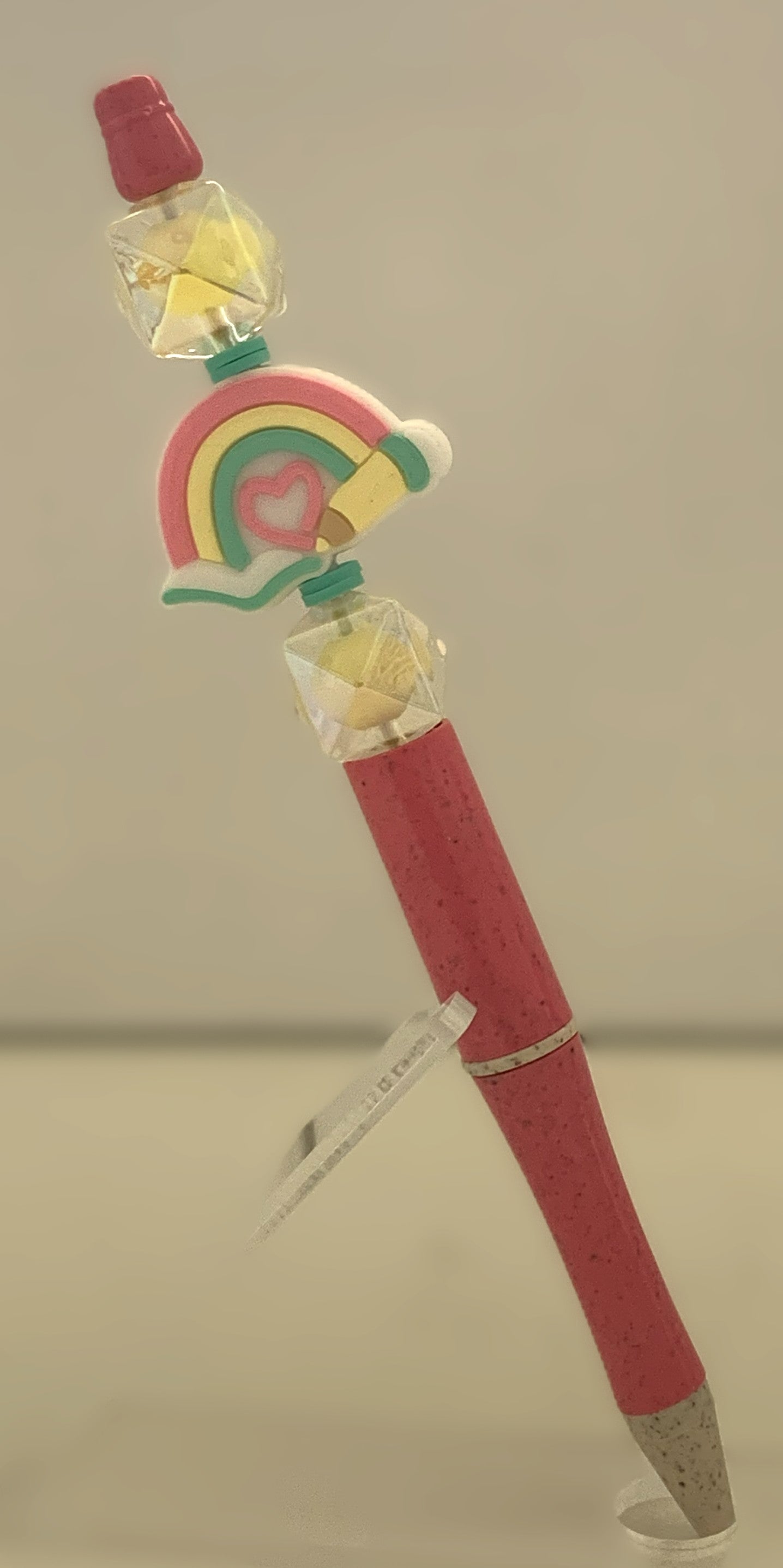 Handmade Rainbow Heart Beaded Pen – Coral Pink