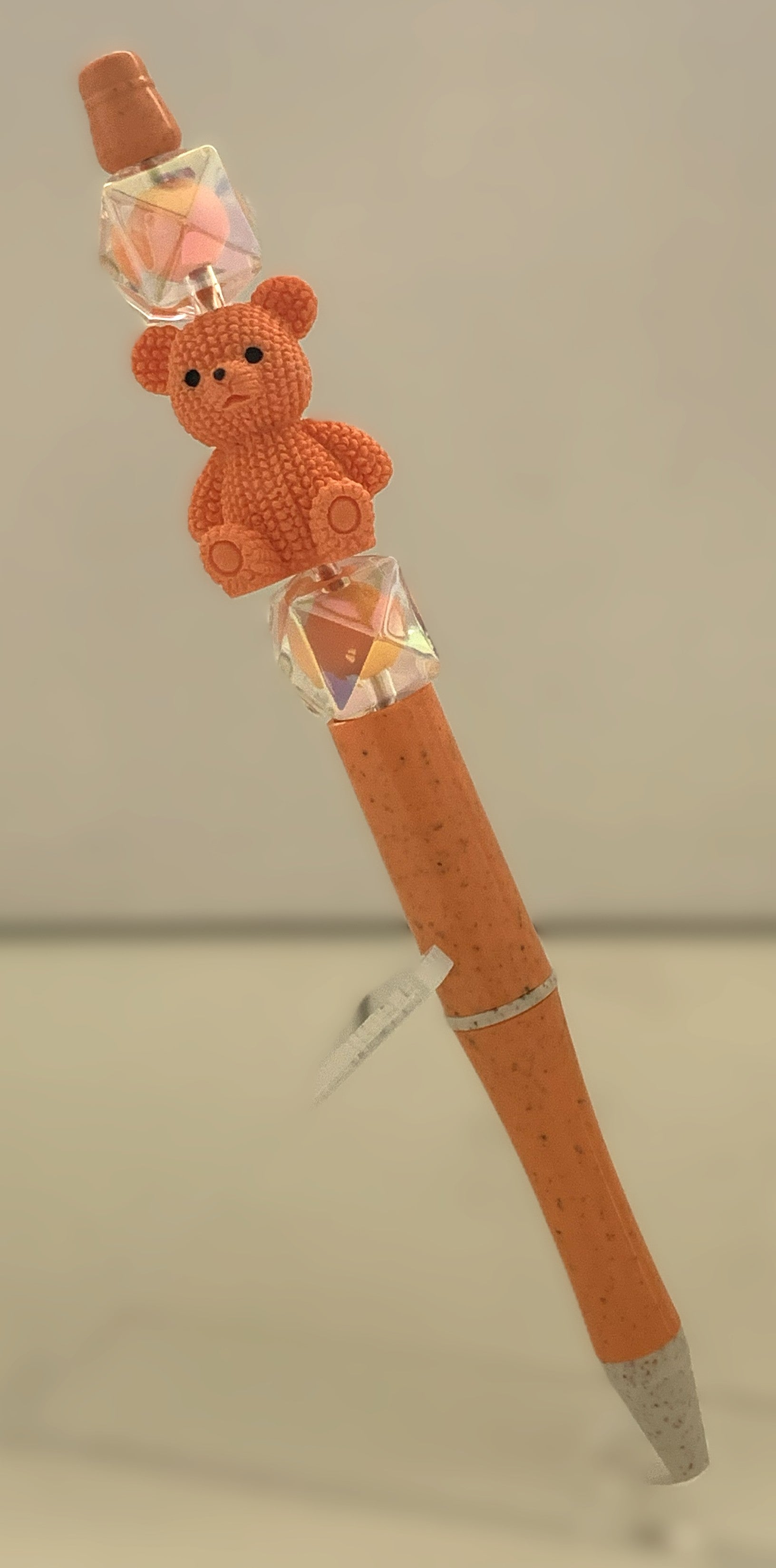 Beaded Pen - Terracotta Coral Teddy Bear Charm Clear Iridescent Diamond Beads