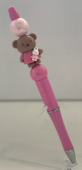 Beaded Pen - Pink Teddy Bear Charm Holding Bunny Pink Ball Beads