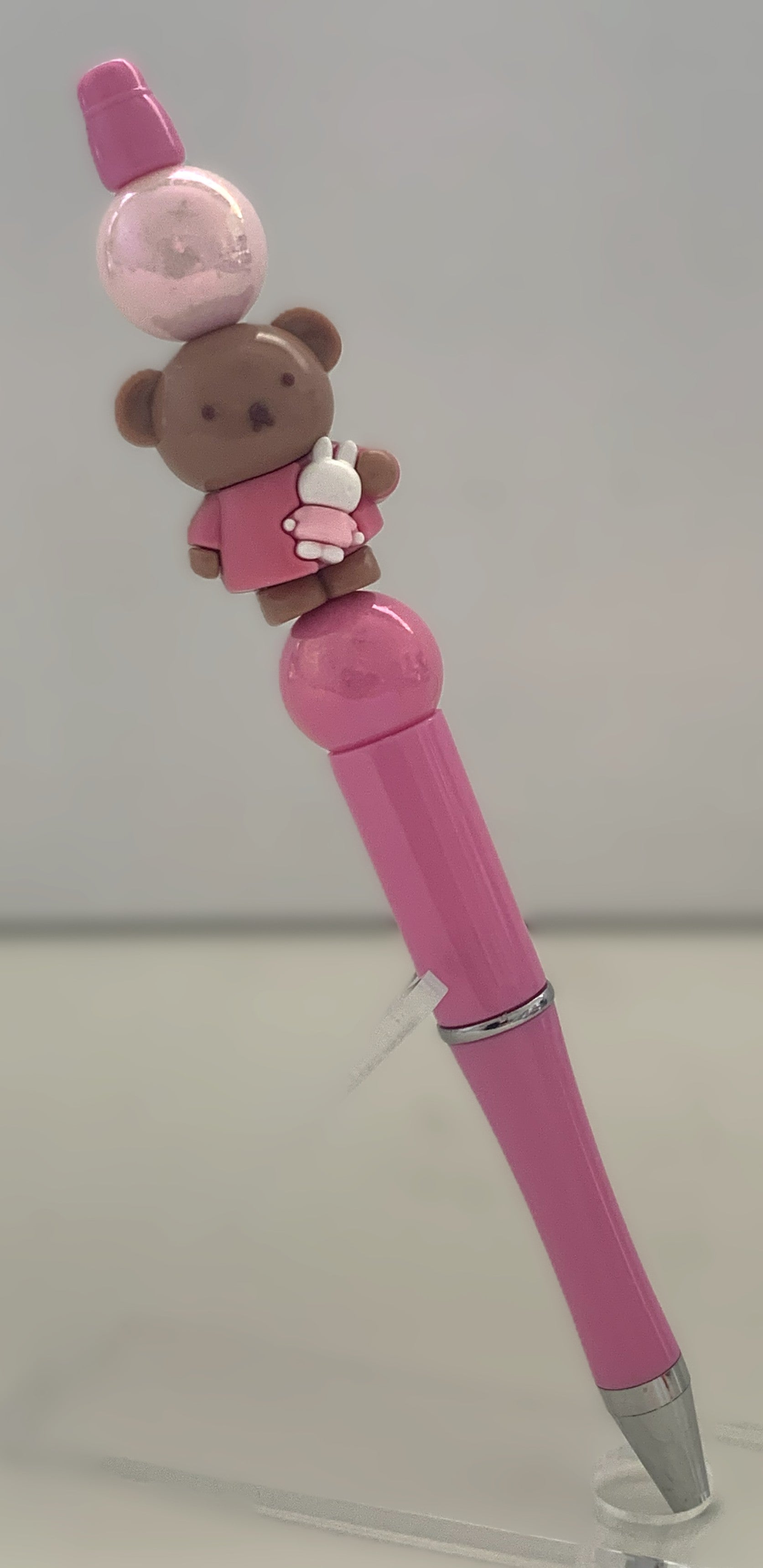 Beaded Pen - Pink Teddy Bear Charm Holding Bunny Pink Ball Beads