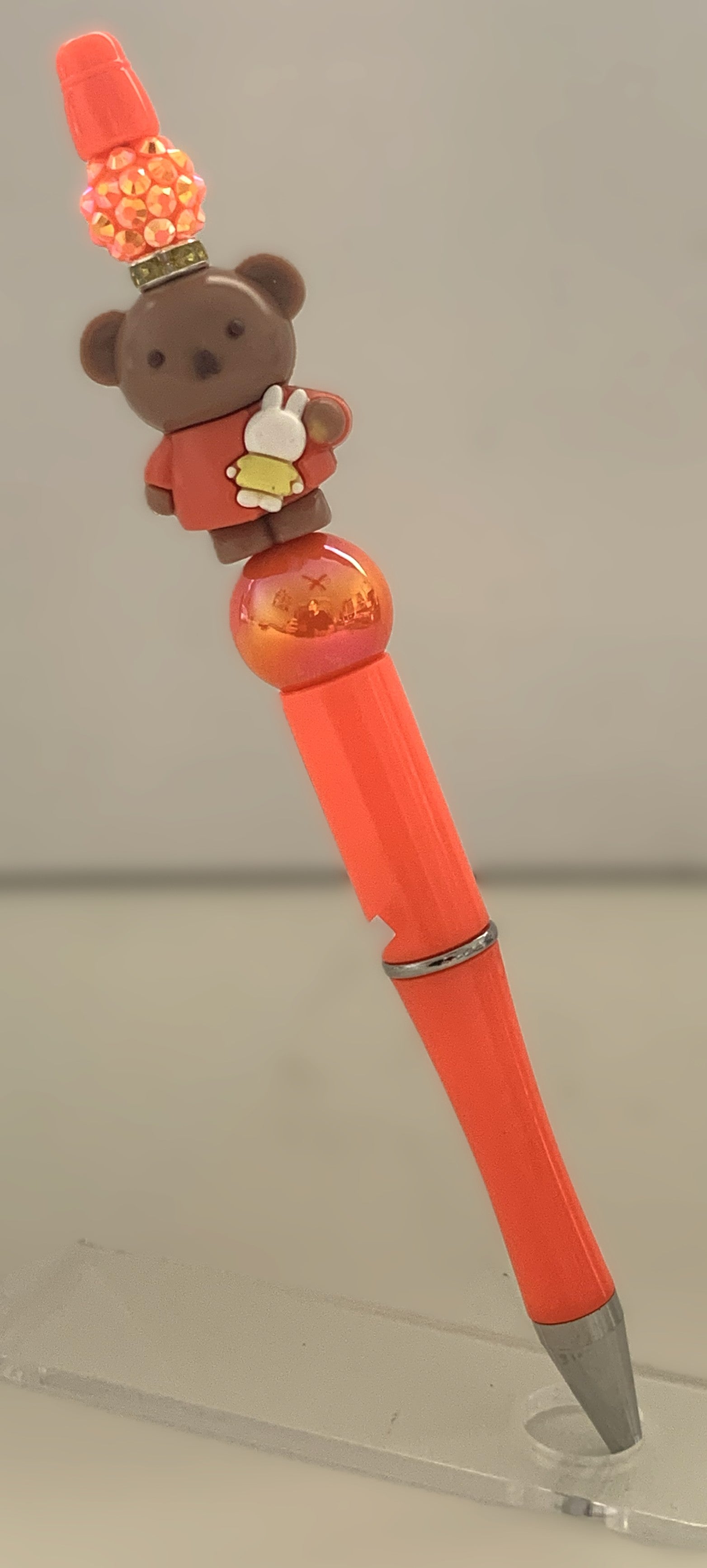 Beaded Pen - Coral Orange Teddy Bear Charm Holding Bunny Rhinestone Pumpkin Ball Beads