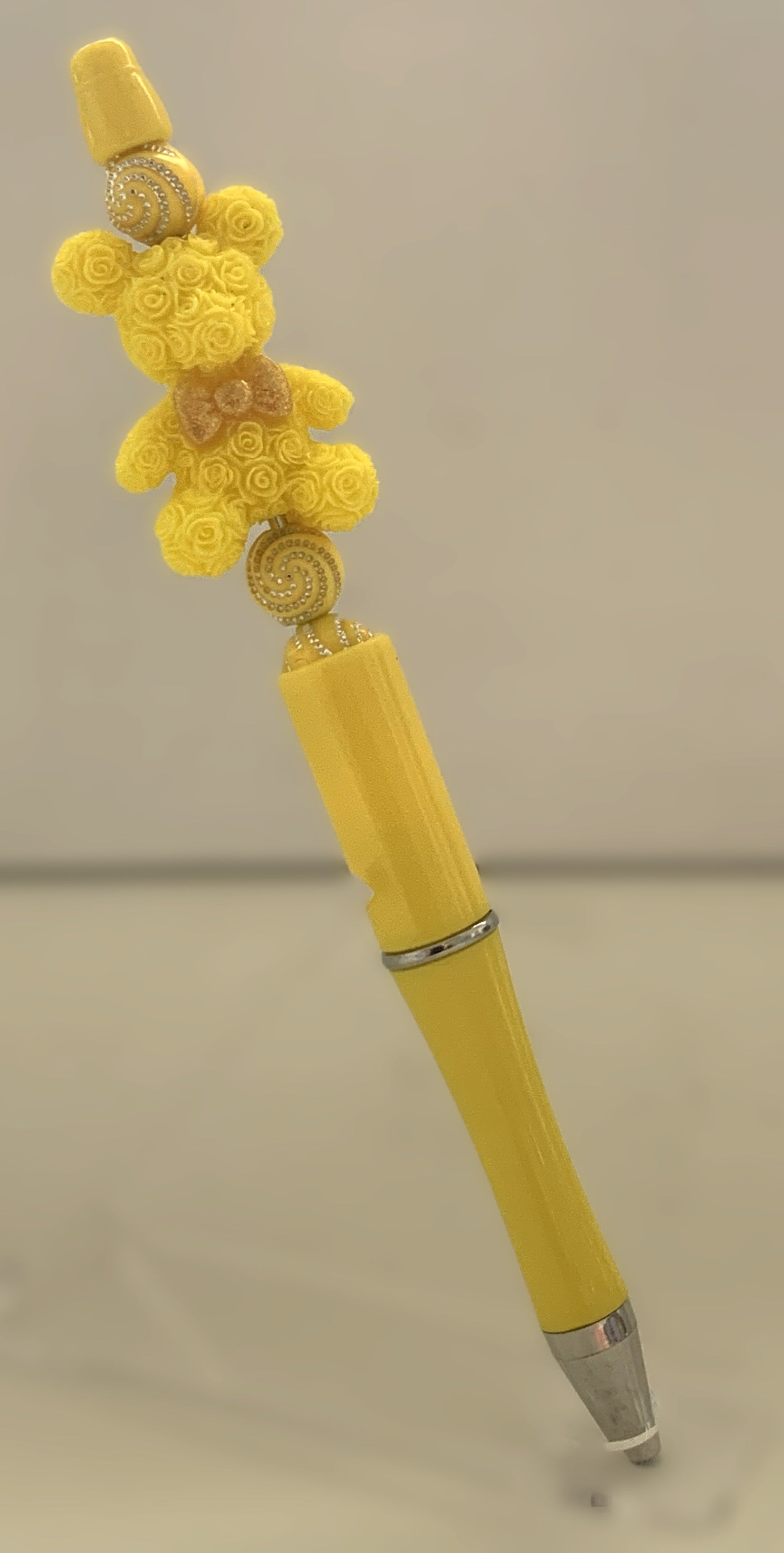 Beaded Pen - Yellow Rose Textured Teddy Bear Charm Gold Filigree Spiral Beads