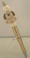 Handmade Puppy Charm Beaded Pen – Gold & Checkerboard