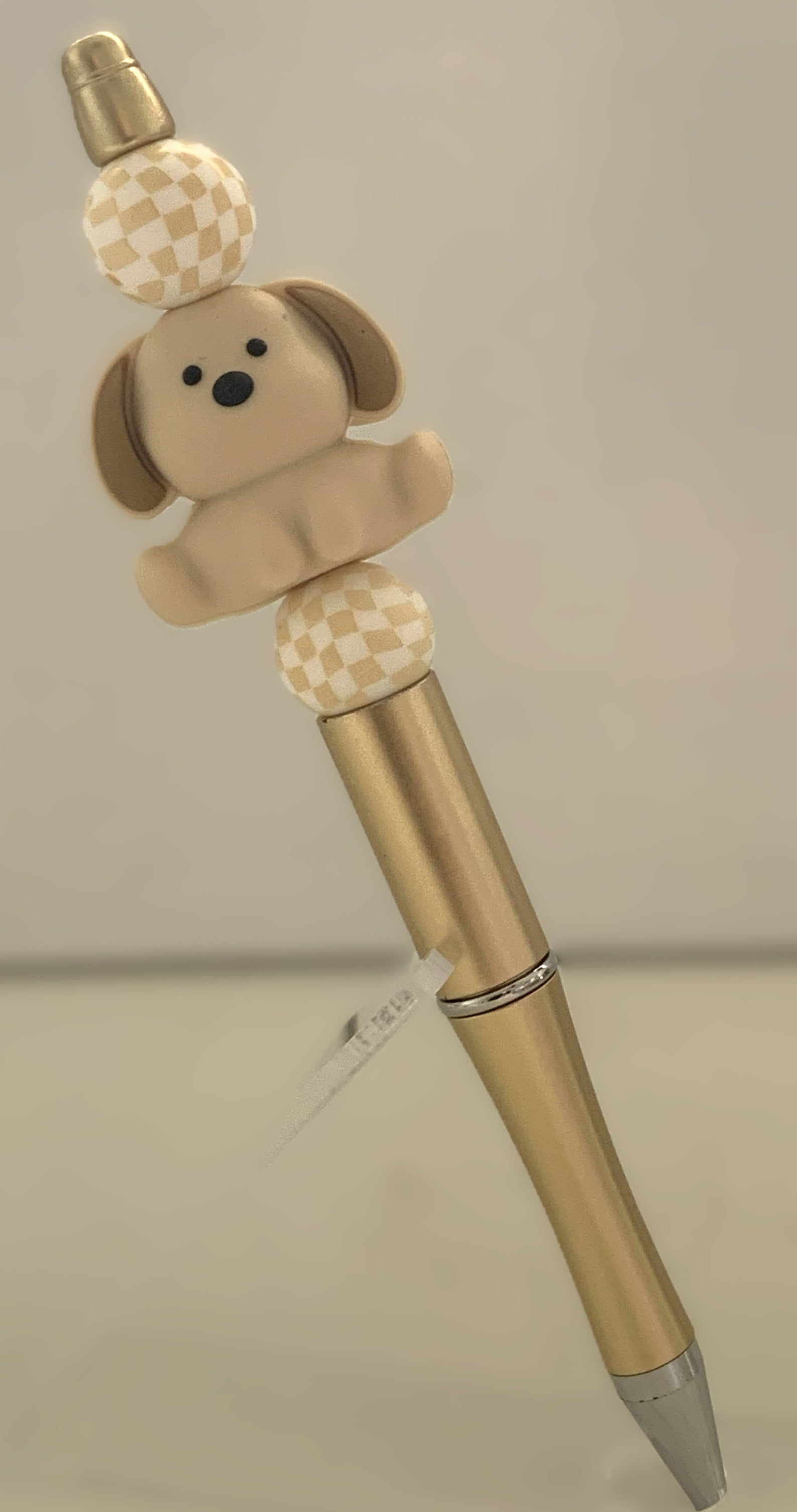 Handmade Puppy Charm Beaded Pen – Gold & Checkerboard