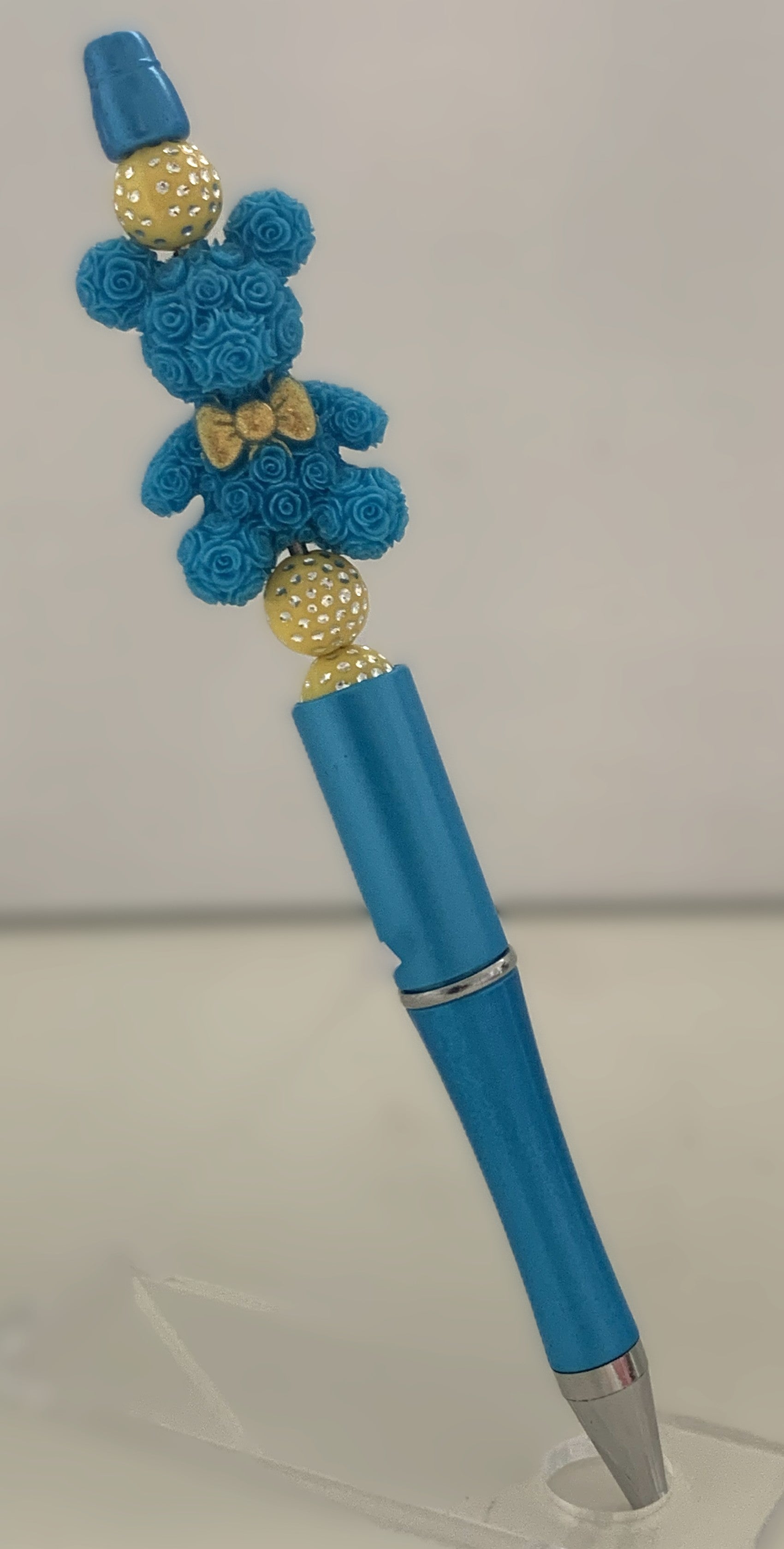 Handmade Rose Bear Beaded Pen – Teal & Gold