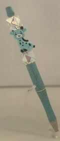 Beaded Pen - Teal Speckled Giraffe Charm Clear Iridescent Diamond Crystal Beads