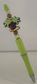 Beaded Pen - Lime Green Tropical Palm Tree Surfboard Charm Brown Hex Green Cube Beads