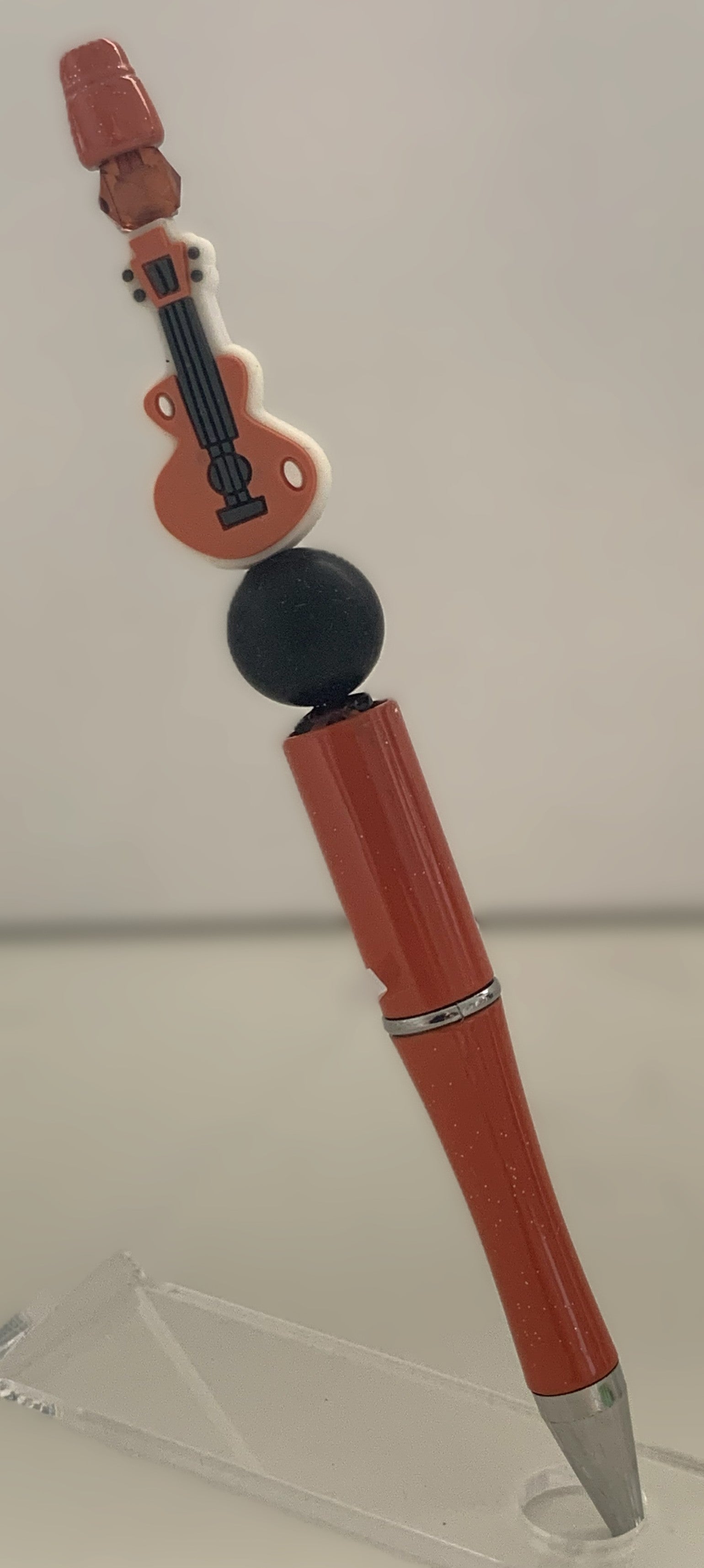 Beaded Pen - Terracotta Glitter Electric Guitar Charm Matte Black Ball Brown Cube Beads