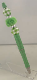 Beaded Pen - Mint Green Gingham Beads Fluffy Green Pom Pom Bead