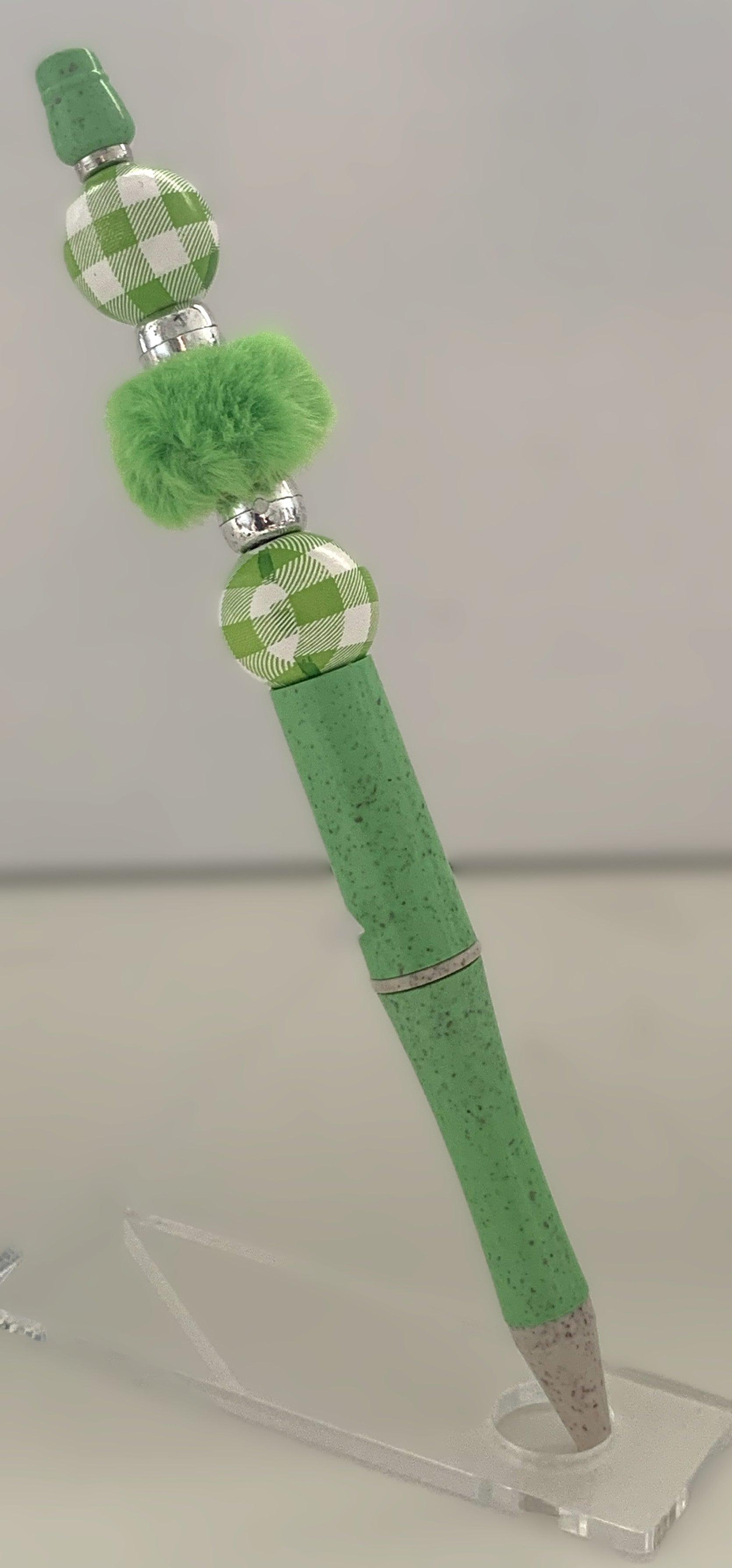 Beaded Pen - Mint Green Gingham Beads Fluffy Green Pom Pom Bead