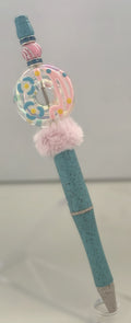 Beaded Pen - Teal Clear Floral Donut Ring Bead Fluffy Pink Pom Pom Pink Ribbed Bead