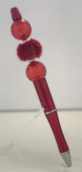 Beaded Pen - Metallic Red Faceted Crystal Ball Beads Fluffy Dark Red Pom Pom